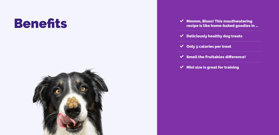 * Mmmm, Bison! This mouthwatering recipe is like home-baked goodies in...
* Deliciously healthy dog treats
* Only 3 calories per treat
* Smell the Fruitables difference!
* Mini size is great for training