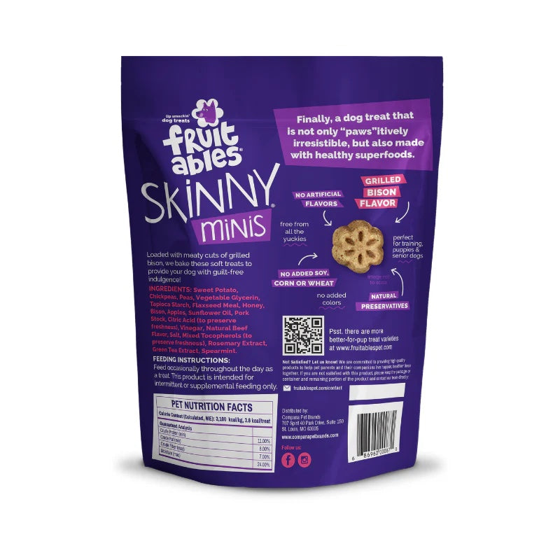 Fruitables Skinny Minis Soft Dog Treats Grilled Bison back of bag.