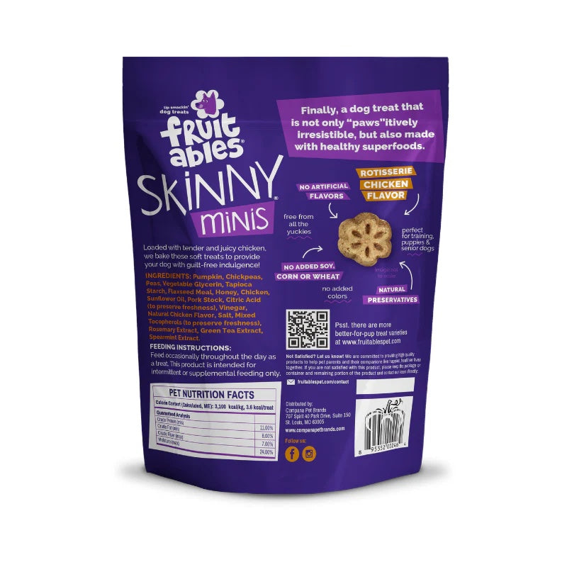 Fruitables Skinny Minis Soft Dog Treats Rotisserie Chicken back of bag.