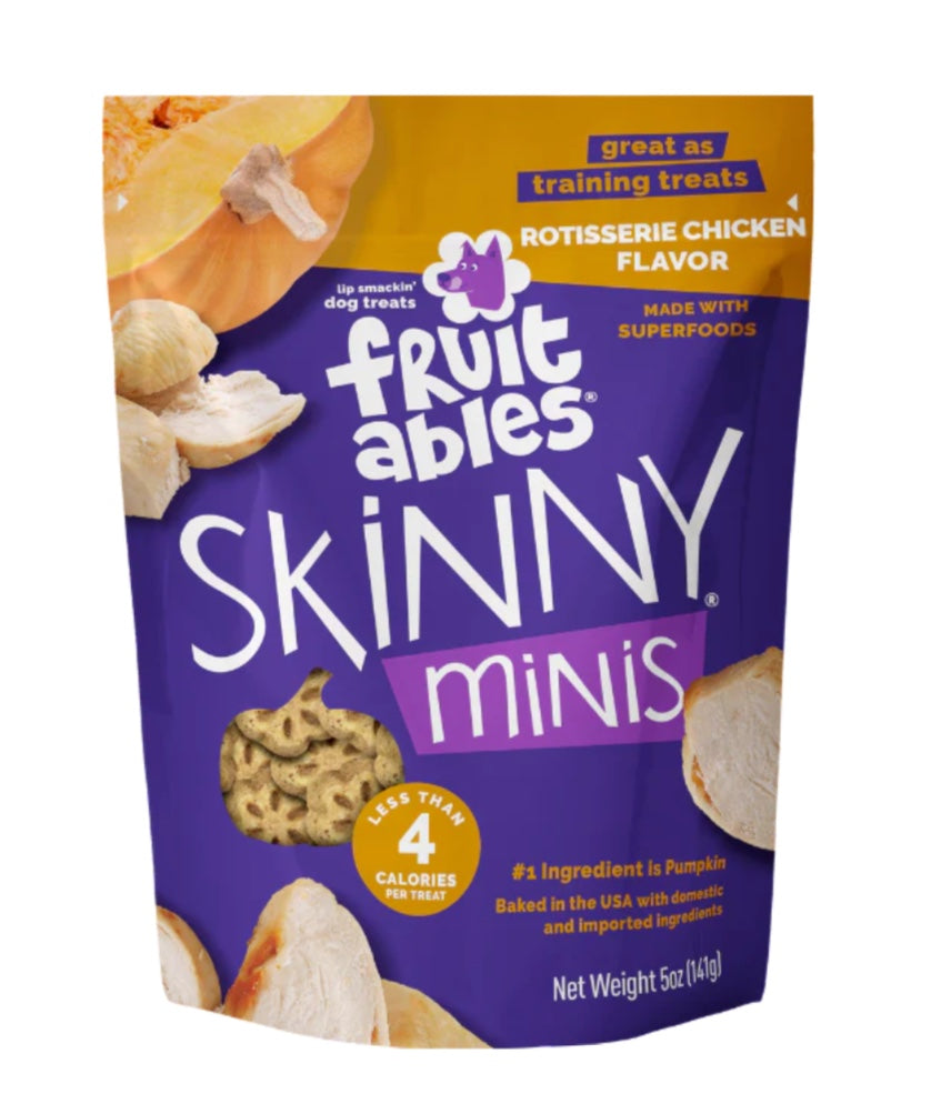 Fruitables Skinny Minis Soft Dog Treats Rotisserie Chicken front of bag.