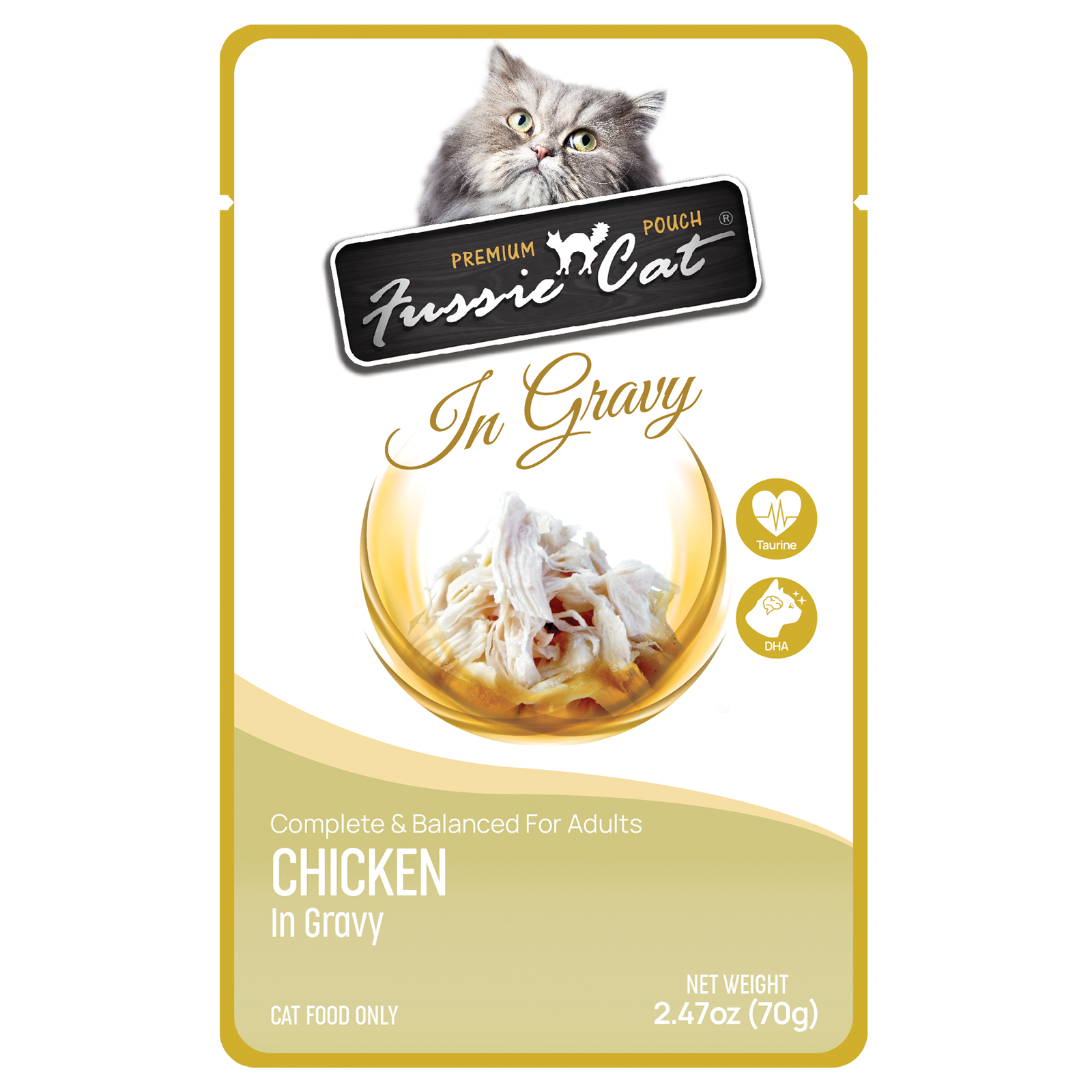 Front pouch of Fussie Cat Chicken in Gravy Cat Food Pouch 2.47oz