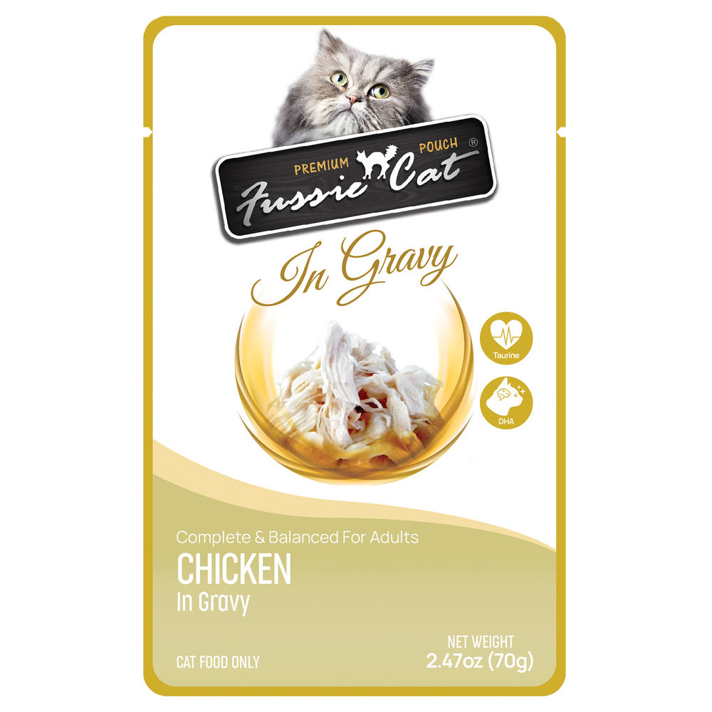 Front pouch of Fussie Cat Chicken in Gravy Cat Food Pouch 2.47oz