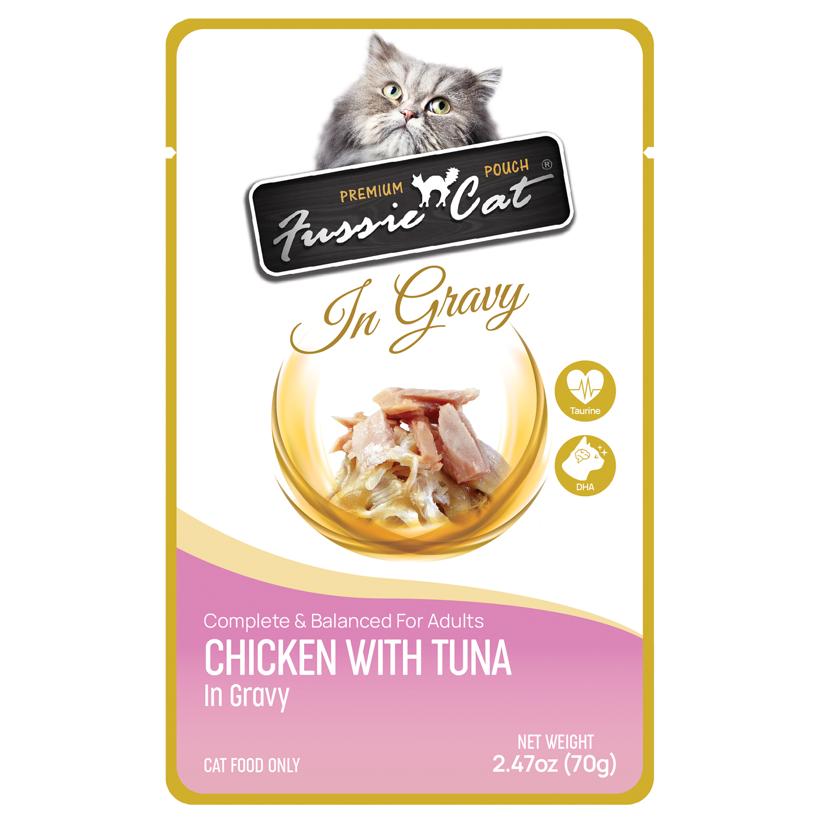 Front pouch of Fussie Cat Chicken with Tuna in Gravy Cat Food Pouch 2.47oz
