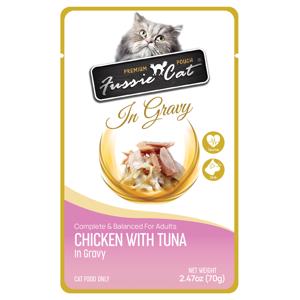 Front pouch of Fussie Cat Chicken with Tuna in Gravy Cat Food Pouch 2.47oz