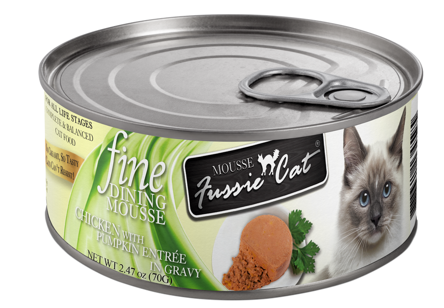 Front can of Fussie Cat Dining Mousse Chicken with Pumpkin in Gravy Cat Food 2.47oz