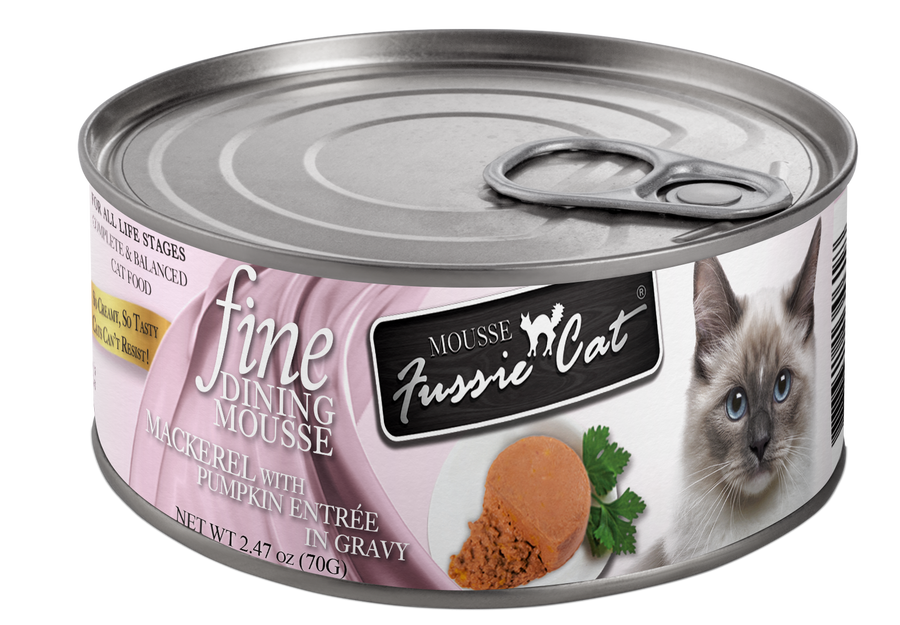 Front can of Fussie Cat Dining Mousse Mackerel with Pumpkin in Gravy Cat Food 2.47oz
