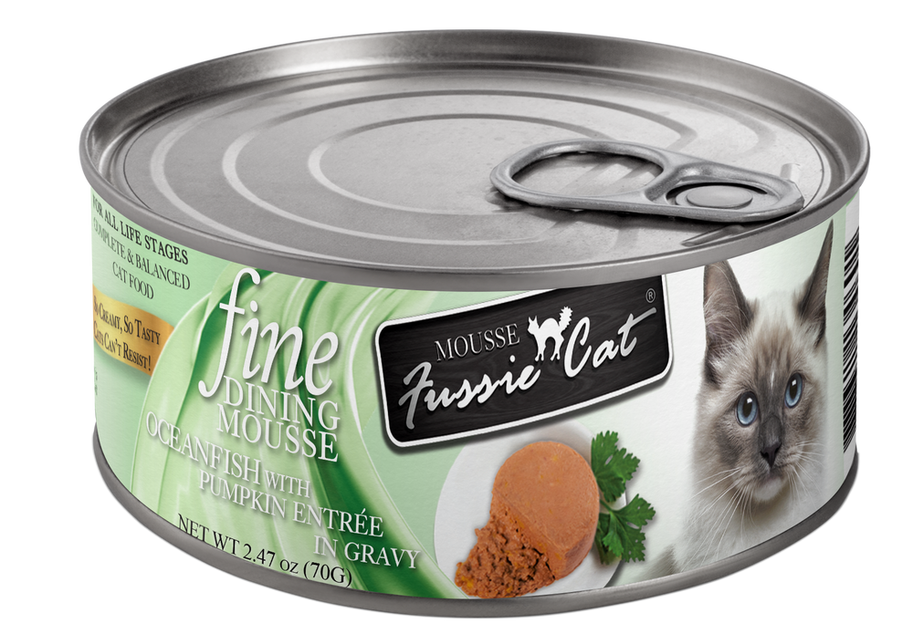 Front can of Fussie Cat Dining Mousse Ocean Fish with Pumpkin in Gravy Cat Food Can 2.47oz