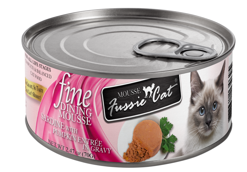 Front can of Fussie Cat Dining Mousse Sardines with Pumpkin in Gravy Cat Food 2.47oz