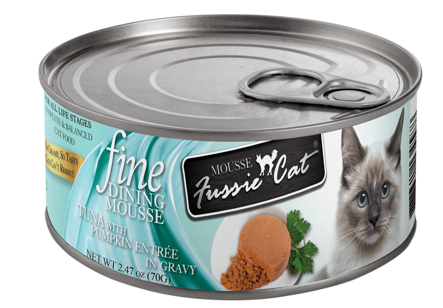 Front can of Fussie Cat Dining Mousse Tuna with Pumpkin in Gravy Cat Food Can 2.47oz