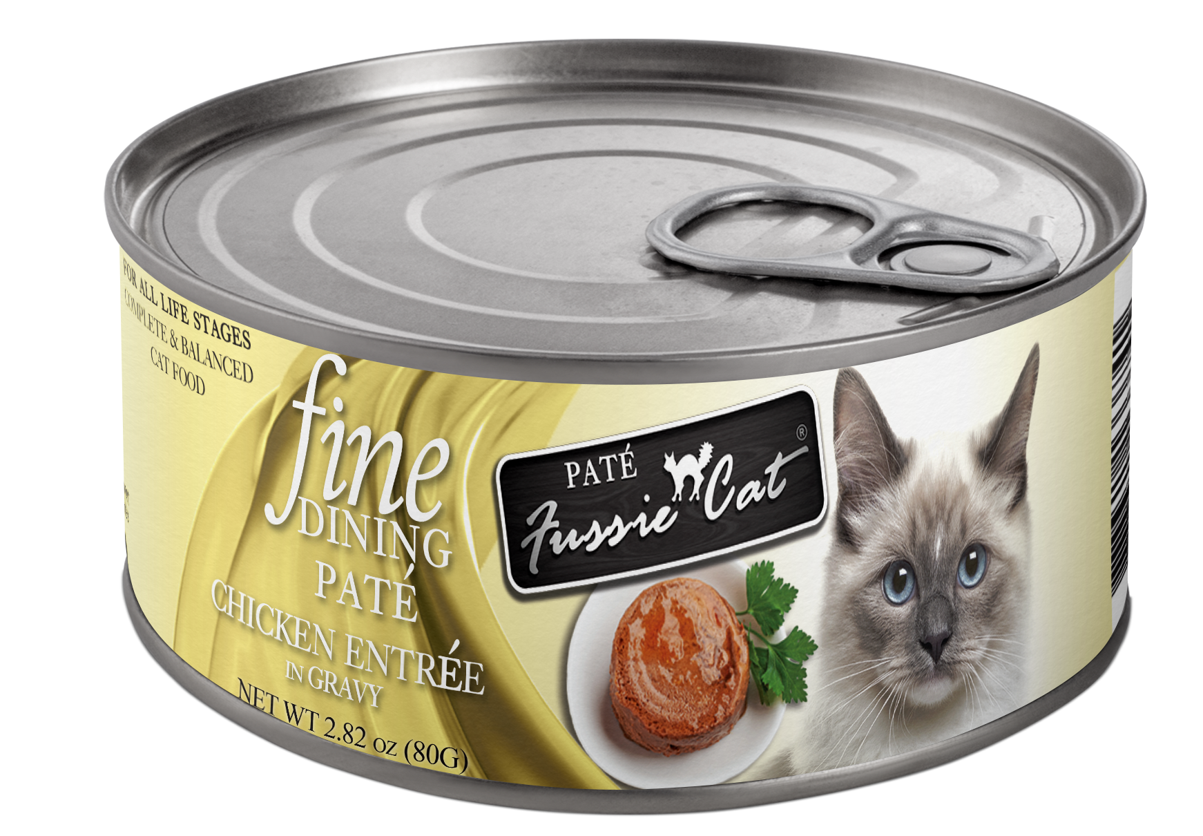 Fussie Cat Fine Dining Pate Chicken in Gravy Cat Food Can 80g, Front Can