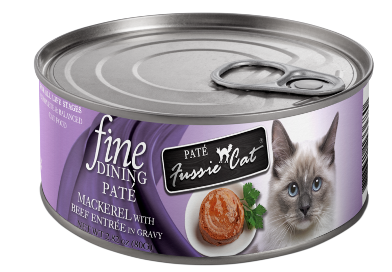 Fussie Cat Fine Dining Pate Mackerel & Beef Cat Food Can 80g, Front Can