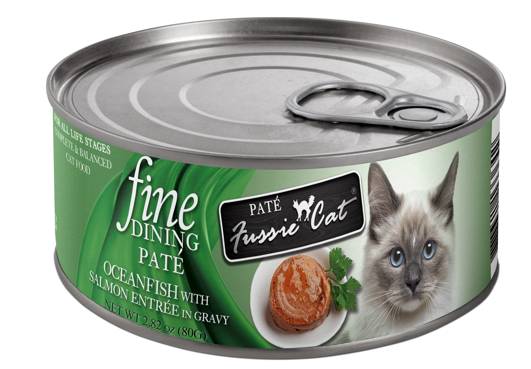 Fussie Cat Fine Dining Pate Oceanfish & Salmon Cat Food Can 80g, Front Can