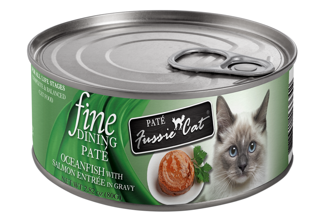 Fussie Cat Fine Dining Pate Oceanfish & Salmon Cat Food Can 80g, Front Can