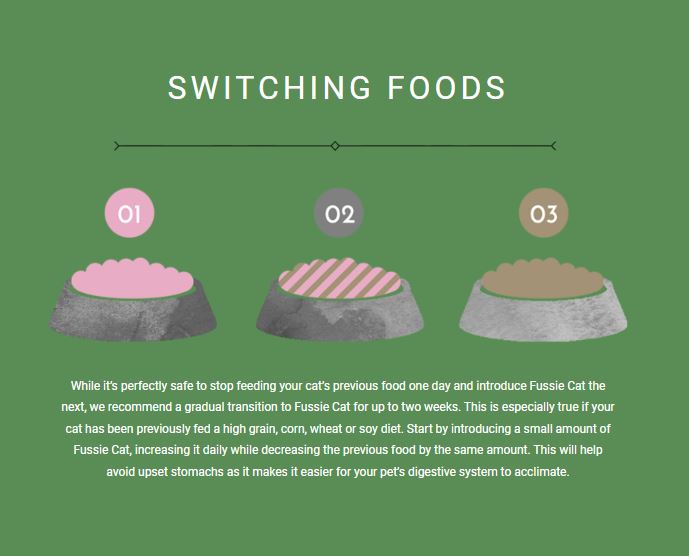 Fussie Cat Fine Dining Pate Oceanfish & Salmon Cat Food Can Switching food chart reccomendation