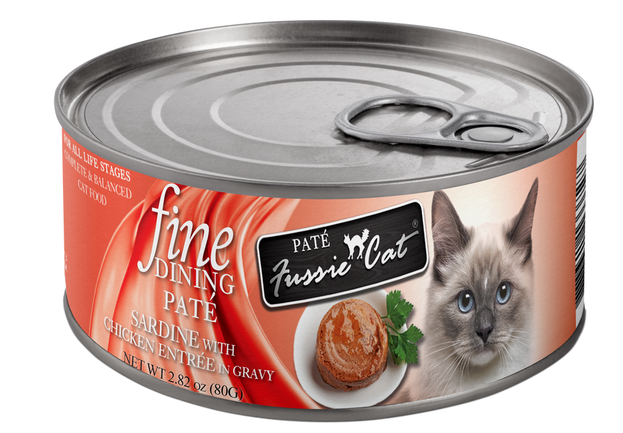 Fussie Cat Fine Dining Pate Sardine & Chicken Cat Food Can 80g, Front Can