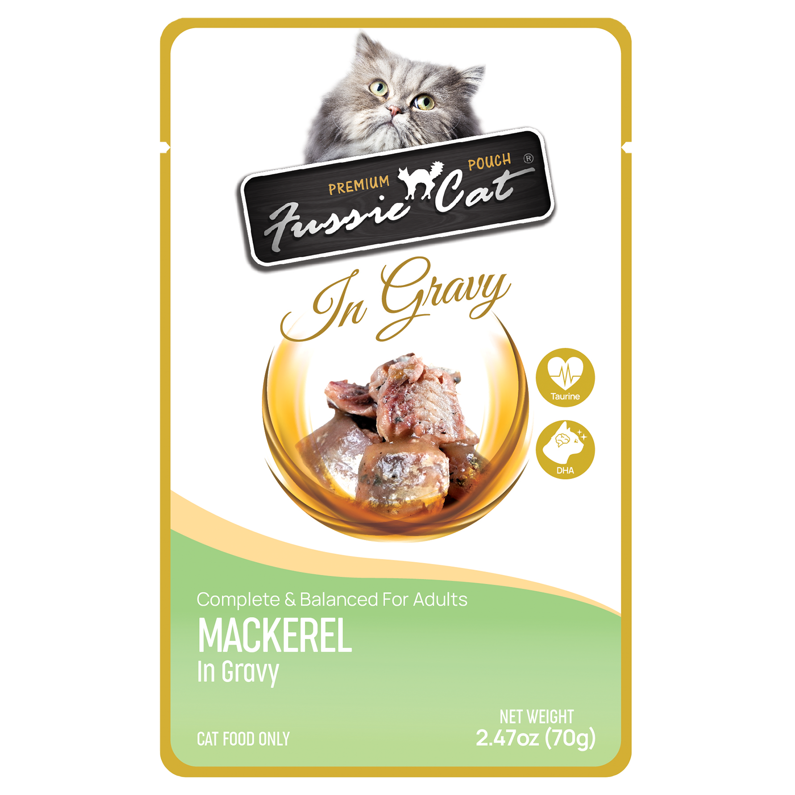 Front pouch of Fussie Cat Mackerel in Gravy Cat Food Pouch 2.47oz
