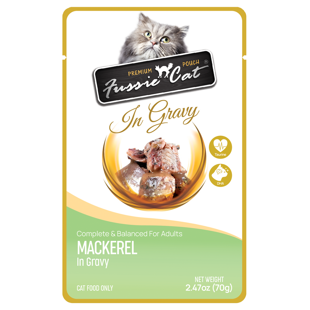Front pouch of Fussie Cat Mackerel in Gravy Cat Food Pouch 2.47oz