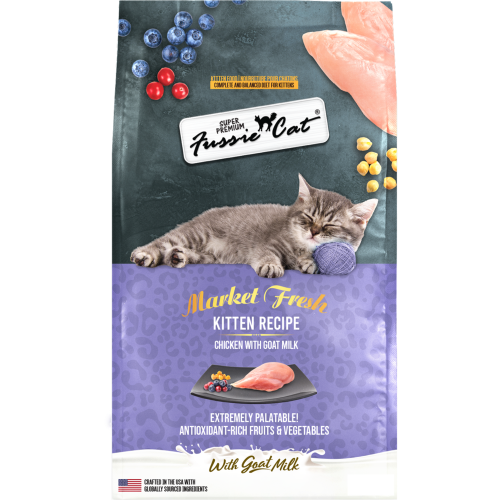 Fussie Cat Market Fresh Grain Free Chicken with Goat Milk Dry Kitten Food front of bag. 