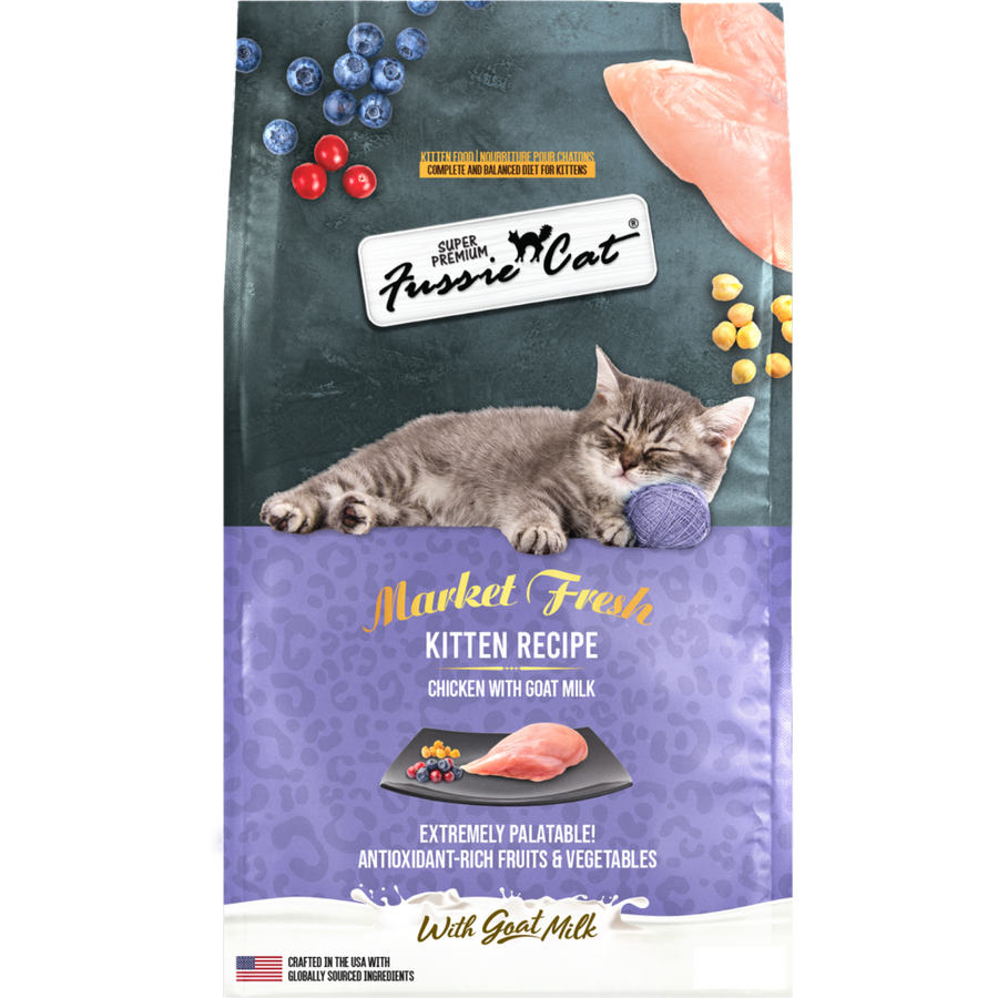 Fussie Cat Market Fresh Grain Free Chicken with Goat Milk Dry Kitten Food front of bag. 