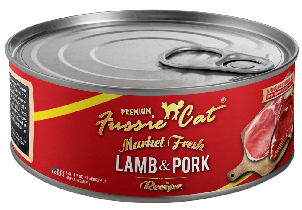 Front can of Fussie Cat Market Fresh Lamb and Pork Recipe Canned Cat Food