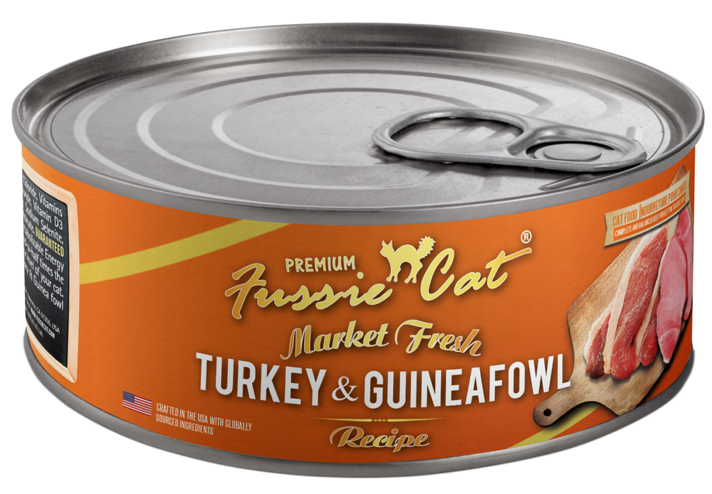 Front can of Fussie Cat Market Fresh Turkey & Guineafowl Recipe Canned Cat Food