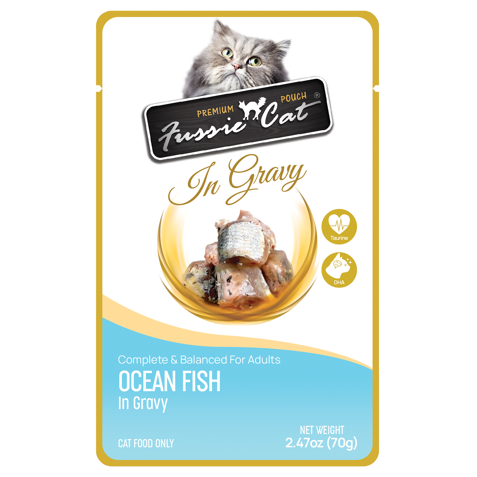 Front pouch of Fussie Cat Ocean Fish in Gravy Cat Food Pouch 2.47oz