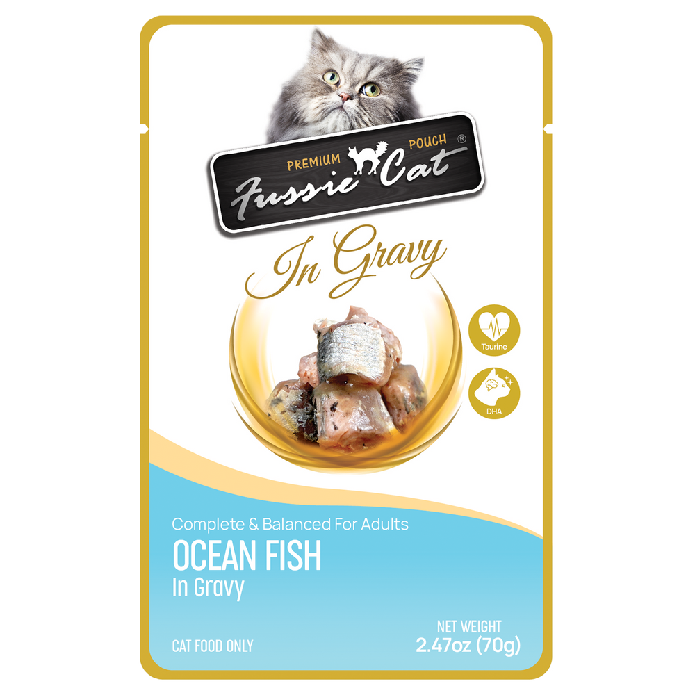Front pouch of Fussie Cat Ocean Fish in Gravy Cat Food Pouch 2.47oz