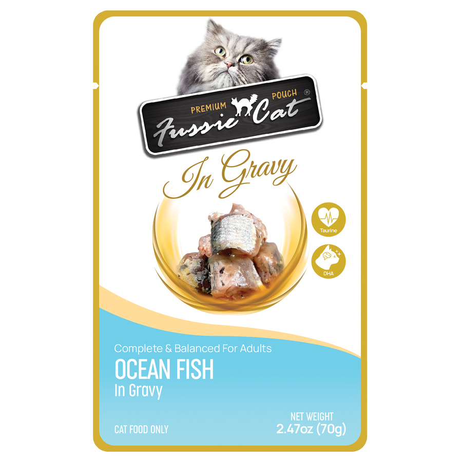 Front pouch of Fussie Cat Ocean Fish in Gravy Cat Food Pouch 2.47oz