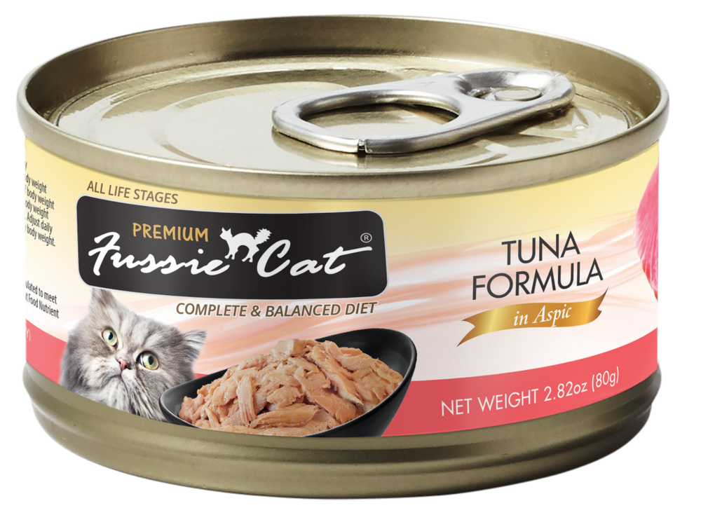 Fussie Cat Premium Grain Free Tuna in Aspic Canned Cat Food front of can.