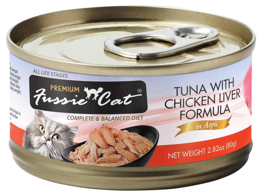 Fussie Cat Premium Grain Free Tuna with Chicken Liver in Aspic Canned Cat Food front of can.