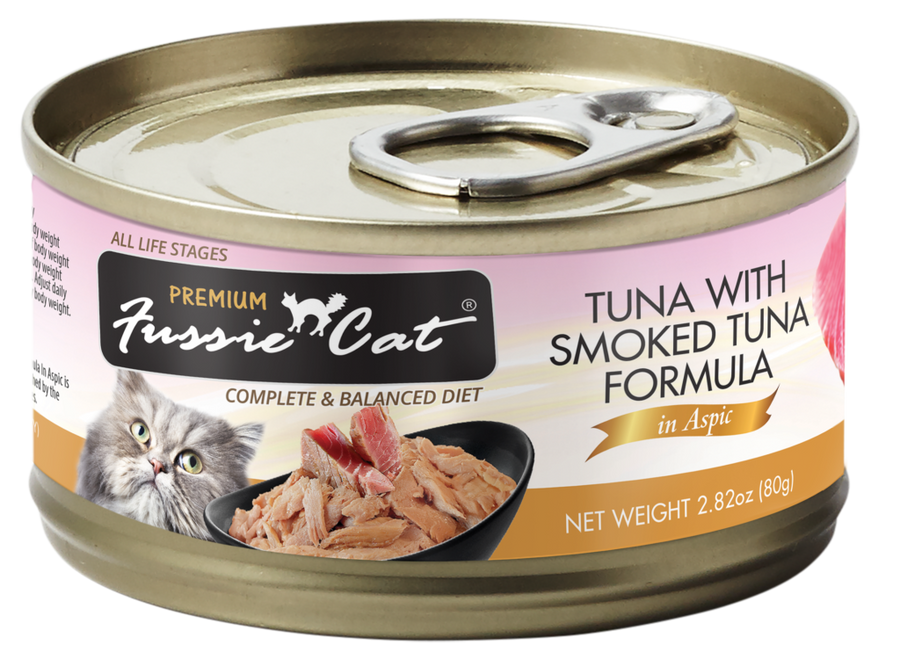 Fussie Cat Premium Grain Free Tuna with Smoked Tuna in Aspic Canned Cat Food front of can.