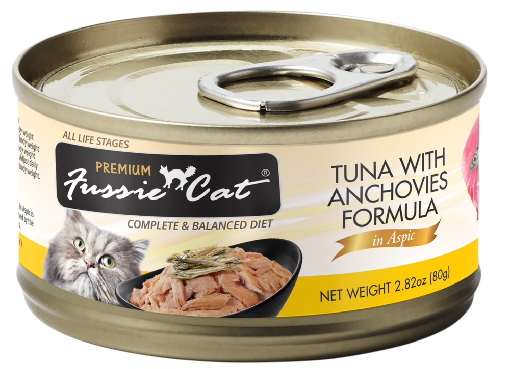 Fussie Cat Premium Tuna with Anchovies Formula in Aspic Canned Food front of can.