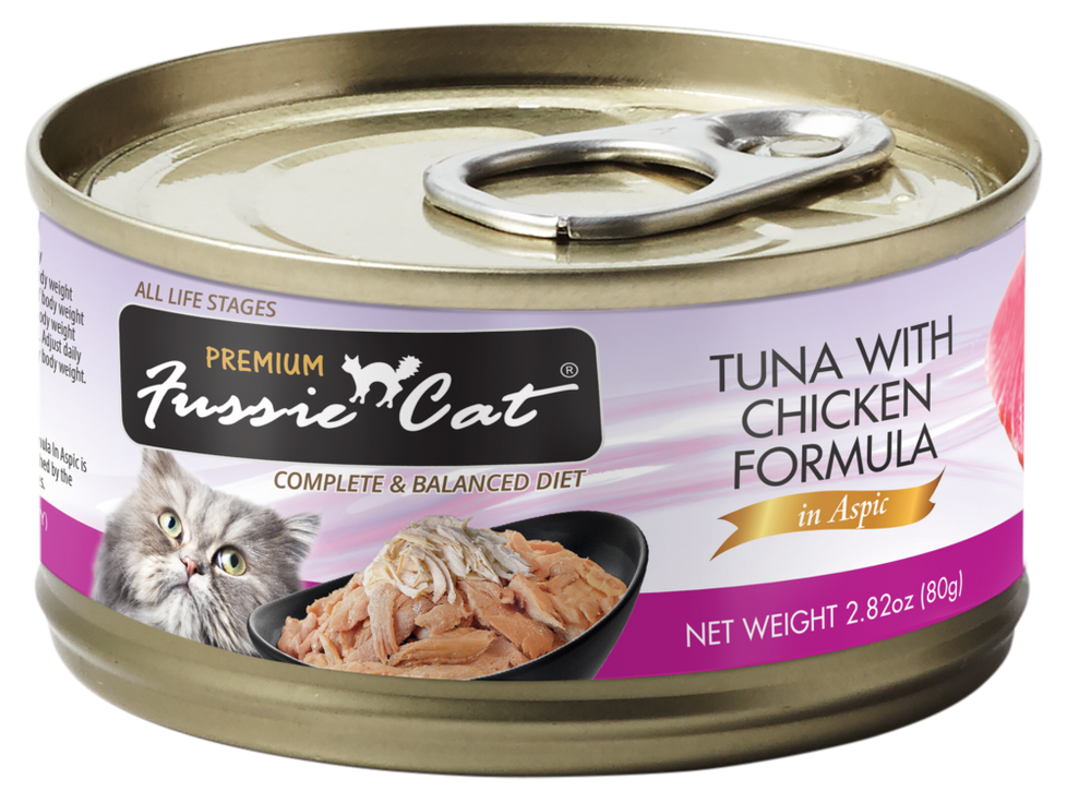Fussie Cat Premium Tuna with Chicken Formula in Aspic Canned Food front of can.