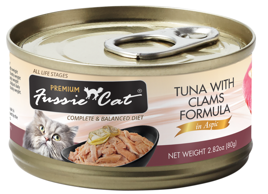 Fussie Cat Premium Tuna with Clams Formula in Aspic Canned Cat food front of can.