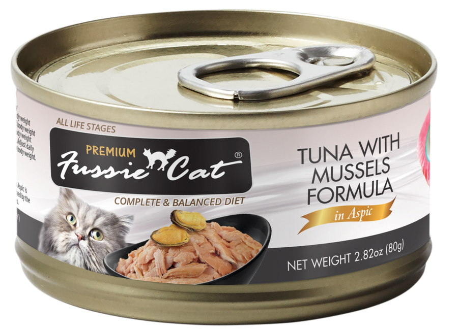 Fussie Cat Premium Tuna with Mussels Formula in Aspic Canned Food front of can.