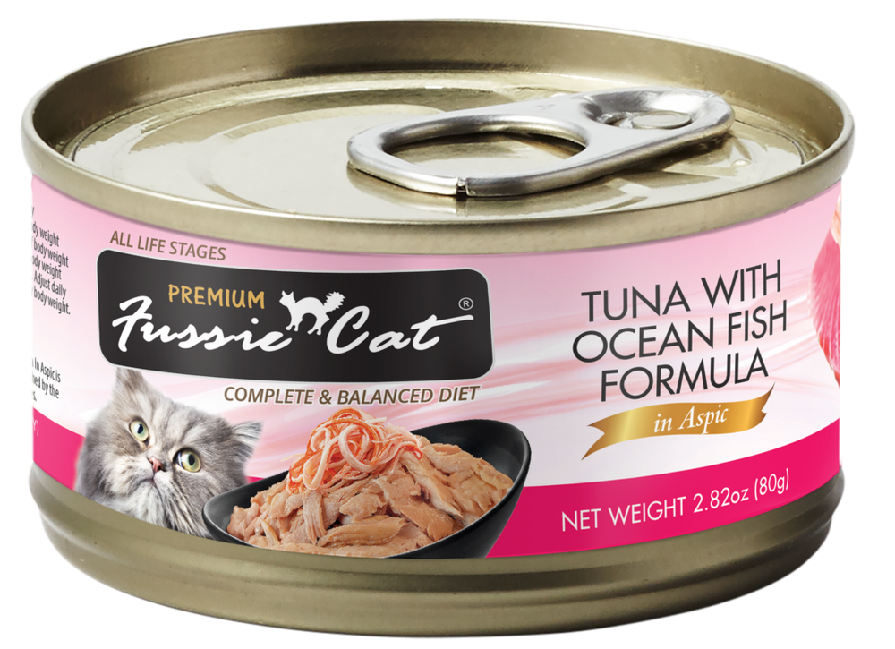 Fussie Cat Premium Tuna with Ocean Fish Formula in Aspic Canned Food front of can.