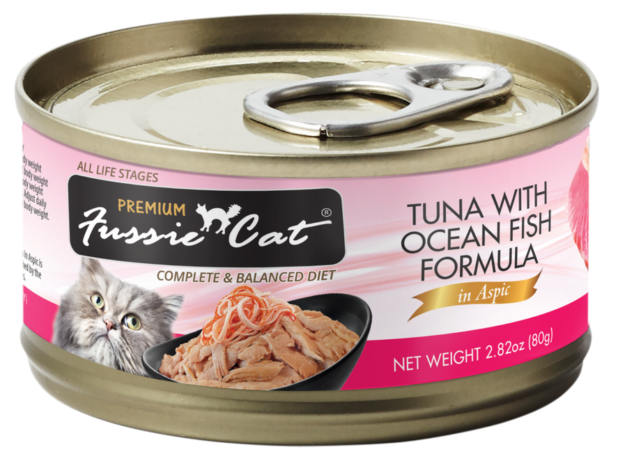 Fussie Cat Premium Tuna with Ocean Fish Formula in Aspic Canned Food front of can.