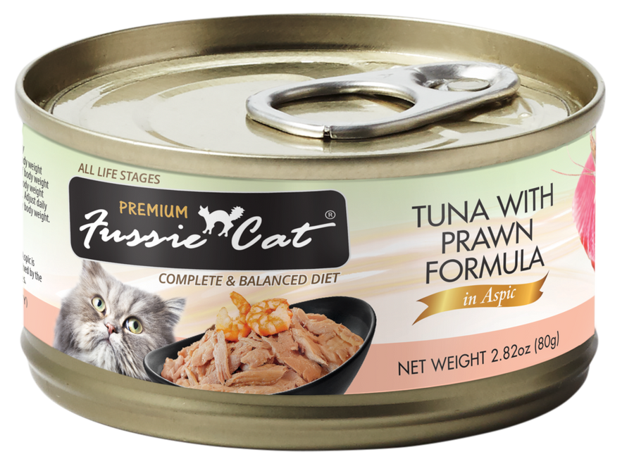 Fussie Cat Premium Tuna with Prawns Formula in Aspic Canned Food front of can.