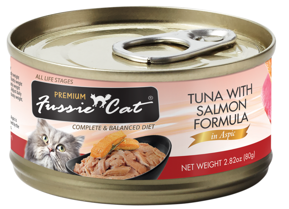 Fussie Cat Premium Tuna with Salmon Formula in Aspic Canned Food front of can.