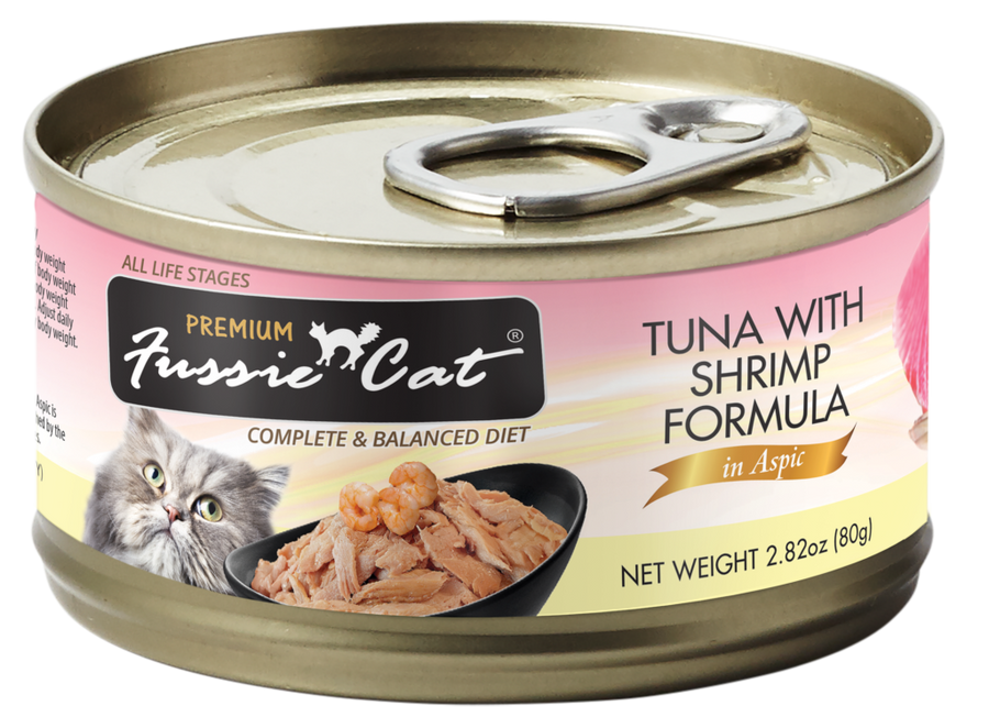 Fussie Cat Premium Tuna with Shrimp Formula in Aspic Canned Food front of can.