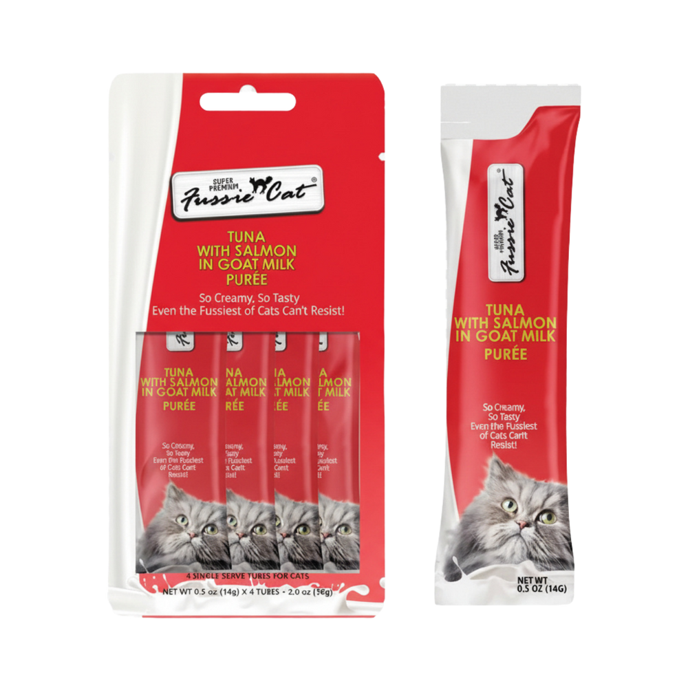 Fussie Cat Puree Tuna & Salmon in Goat Milk Puree Cat Treat 0.5oz, Front Packaging