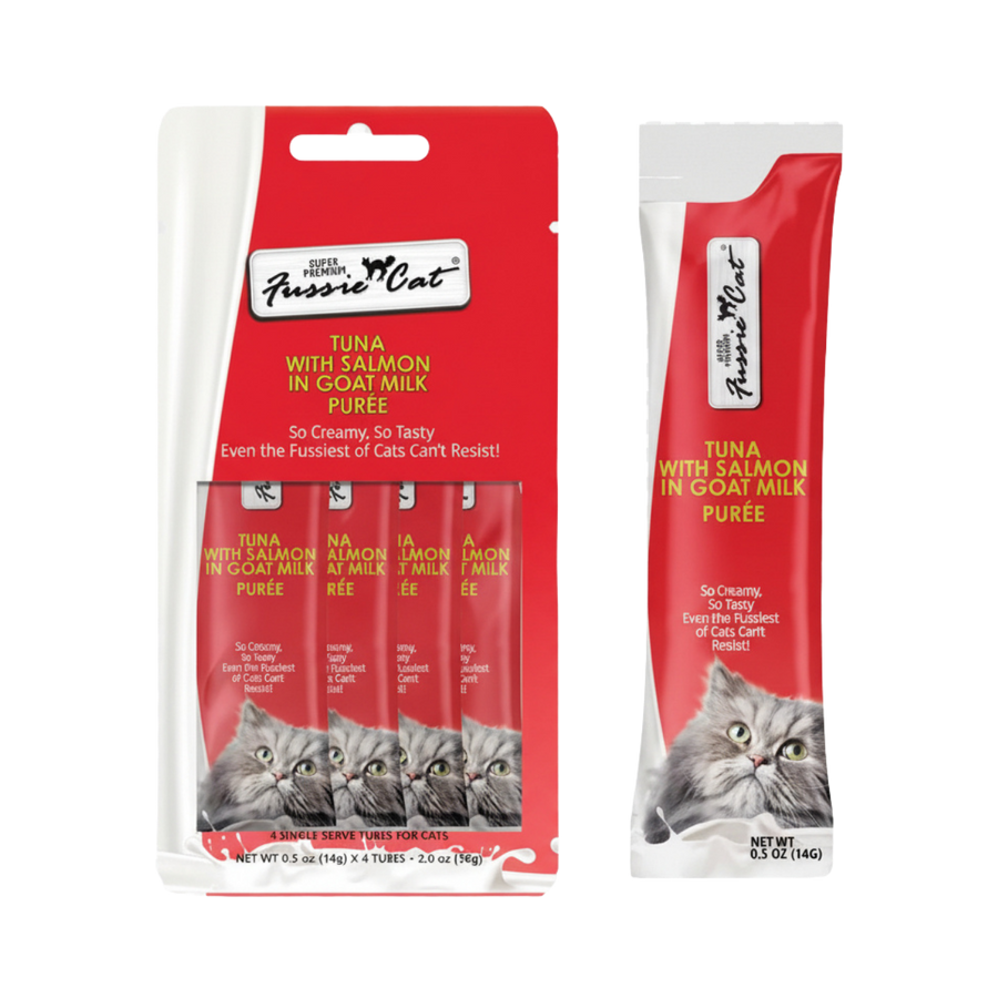 Fussie Cat Puree Tuna & Salmon in Goat Milk Puree Cat Treat 0.5oz, Front Packaging