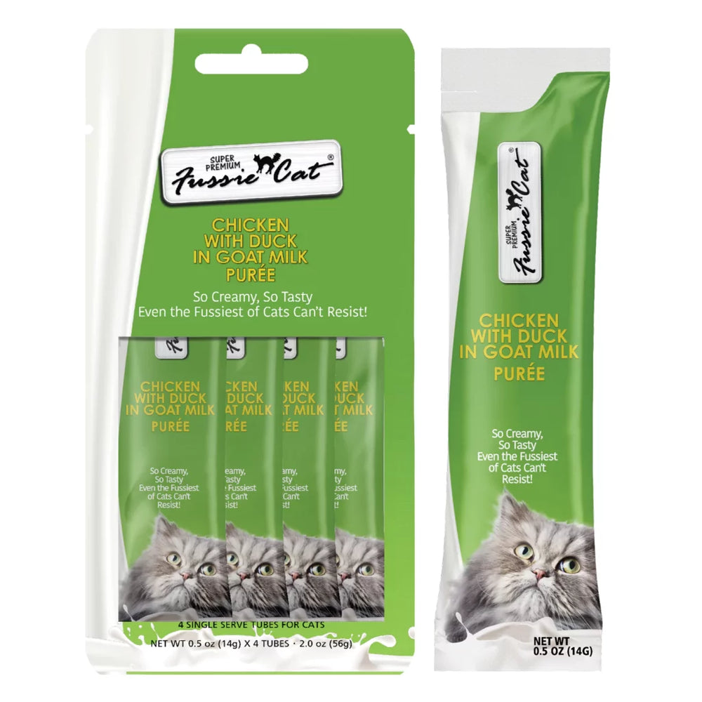 Front Packaging of Fussie Cat Puree Chicken & Duck in Goat Milk Puree Cat Treat