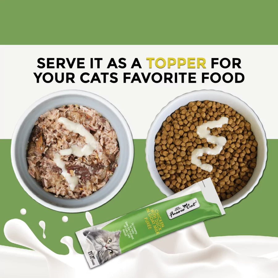 Serve Fussie Cat Puree Chicken & Duck in Goat Milk Puree Cat Treat as topper for your cats favorite food