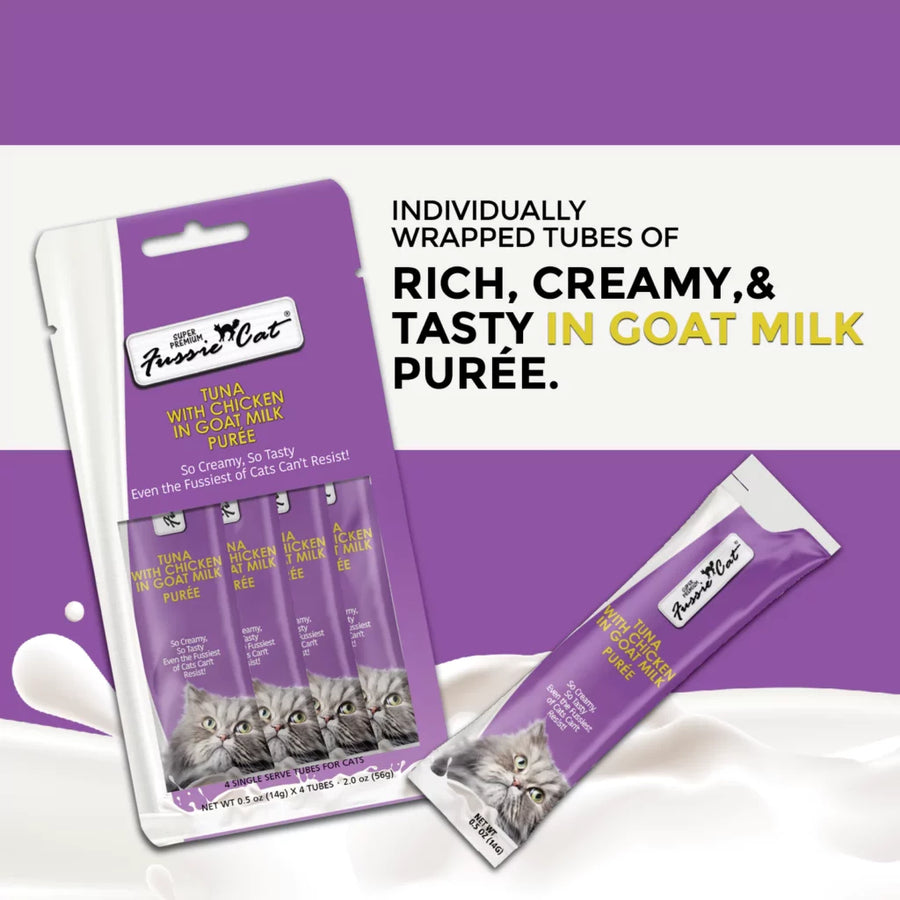 Individually wrapped tubes of Fussie Cat Puree Tuna & Chicken in Goat Milk Puree Cat Treat 
