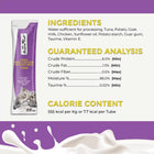 Ingredients,analysis and caloric content of  Fussie Cat Puree Tuna & Chicken in Goat Milk Puree Cat Treat 