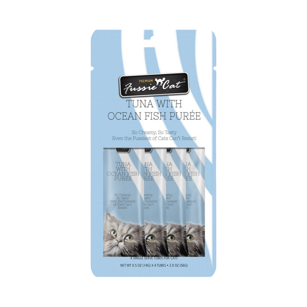 Fussie Cat Puree Tuna & Ocean Fish Cat Treat 2oz, Front Packaging