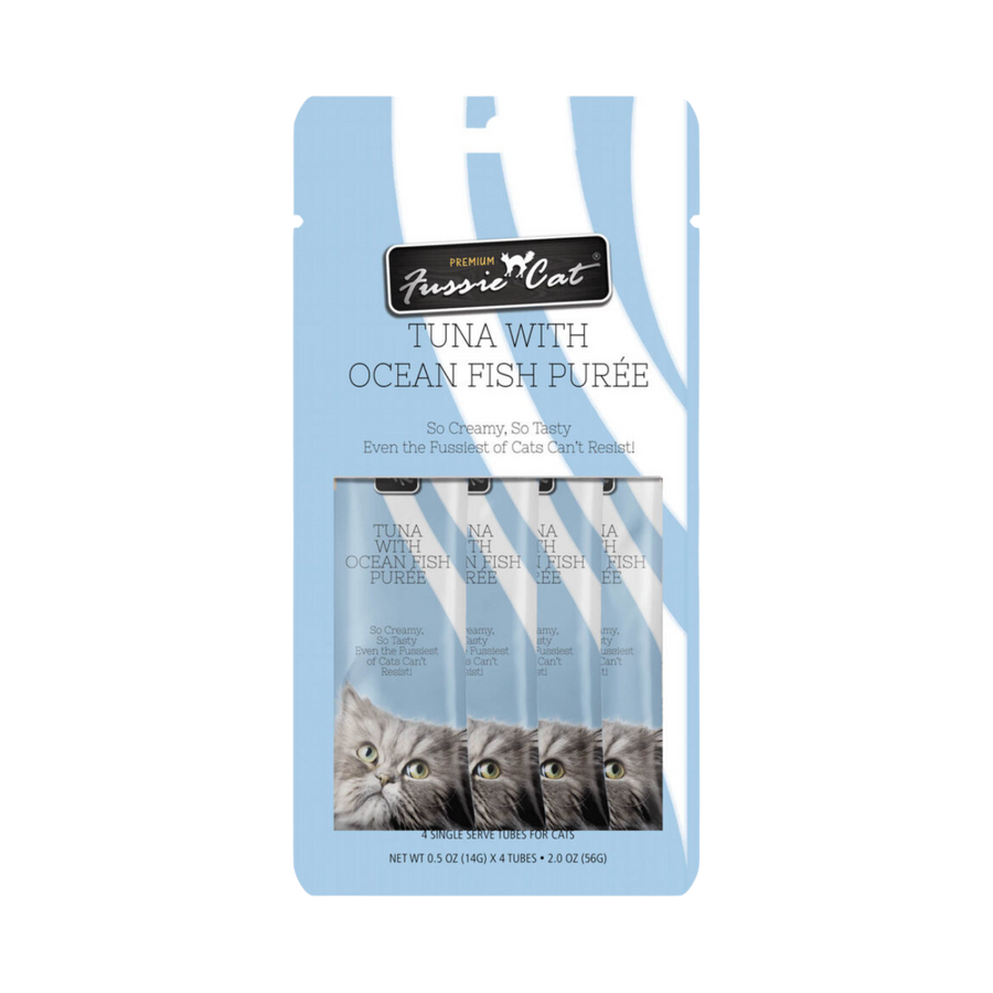 Fussie Cat Puree Tuna & Ocean Fish Cat Treat 2oz, Front Packaging