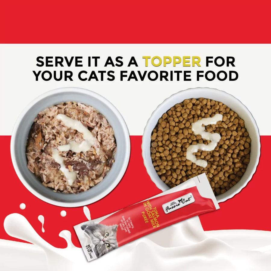 Serve it as a topper for your cats favorite food Fussie Cat Puree Tuna & Salmon in Goat Milk