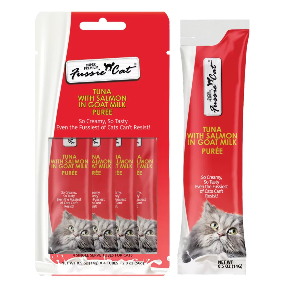 Front Packaging of Fussie Cat Puree Tuna & Salmon in Goat Milk Puree Cat Treat